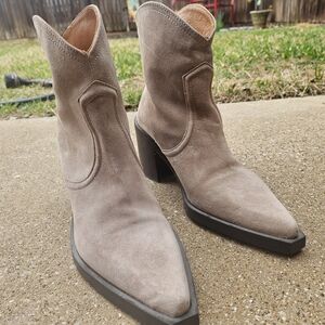 Uterque Taupe Suede Western Ankle Boots with Block Heel